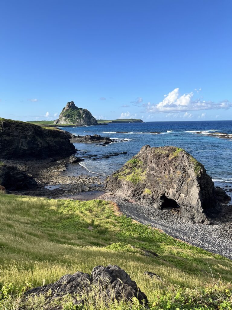 Paisagem costeira com penhascos rochosos, encostas gramadas e uma ilha ao longe sob um céu azul claro.
