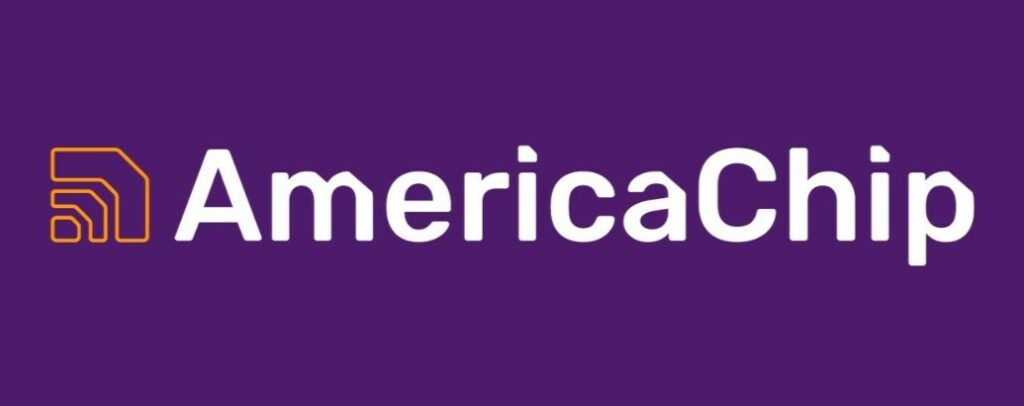 logo da America Chip com o nome da empresa escrito em branco sobre um fundo roxo. Antes de começar a escrita há um símbolo amarelo de uma rede de internet. Imagem para ilustrar post sobre eSIM Bermudas.