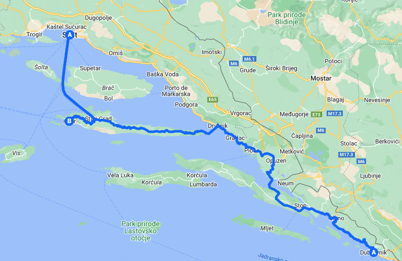 Mapa mostrando uma rota de Split para Hvar, e outra de Dubrovnik para Hvar. 