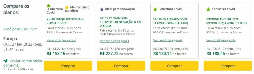Quadro comparando opções de seguro viagem Porto.